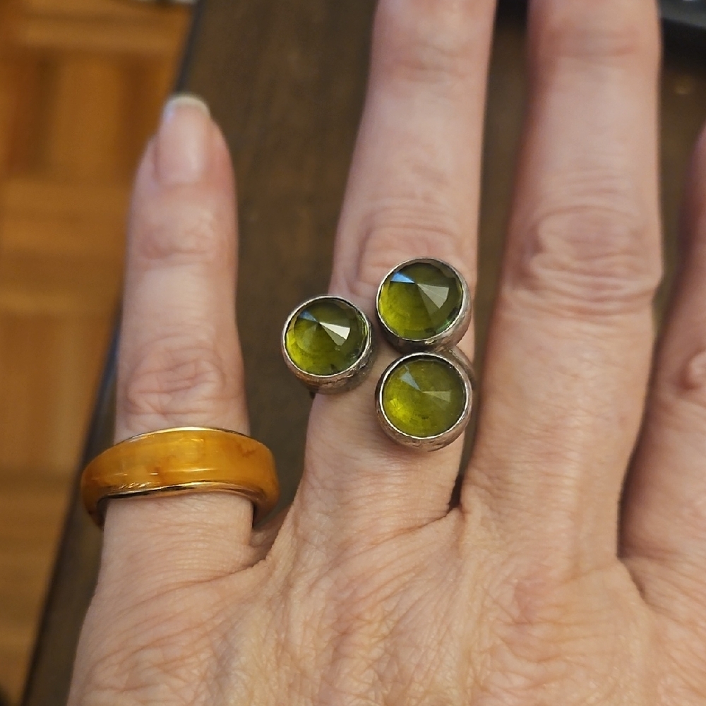 Triple Green Gemstone Silver Ring & Earthtone Slip On Ring.  Set Of 2 Rings